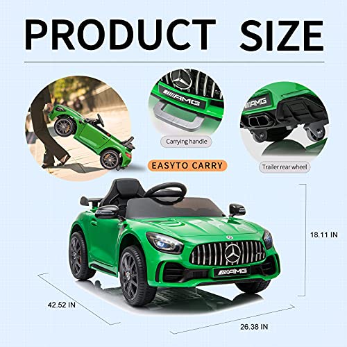 Tinkeal Ride on Car for Kids,Battery Powered Electric Vehicle w/Remote Control,12V Licensed Mercedes Benz GTR Kids Car to Drive,Ride On Toy with 3 Speeds LED Lights AUX Port MP3 Music (Green)…