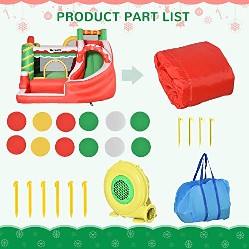 Outsunny 4-in-1 Kids Inflatable Bounce House Christmas Jumping Castle with Christmas Tree Pattern, Includes Trampoline, Pool, Slide, Climbing Wall with Carry Bag, Repair Patches and Air Blower