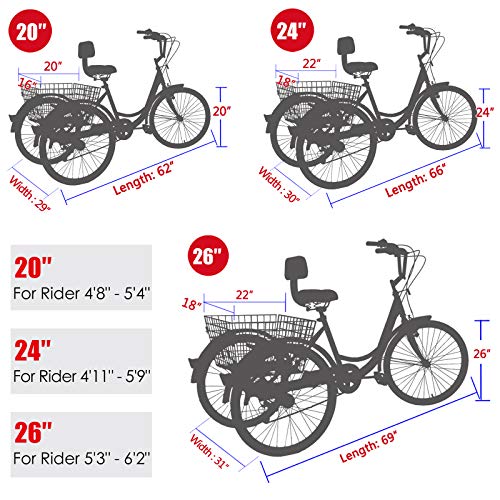 MOPHOTO Adult Tricycles 7 Speed 24/26 Inch Three Wheel Bike Cruiser Trike with Low-Step Through Frame/Large Basket/Backrest Saddle for Men, Women, Seniors