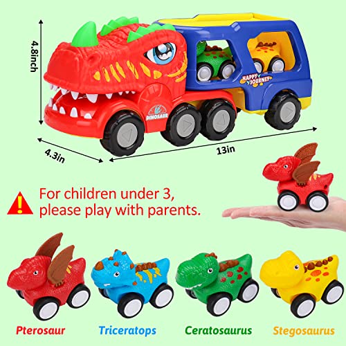 Toddler Car Toys for 1 2 3 4 Year Old Boy Birthday Gifts 5-in-1 Dinosaur Transport Carrier Trucks for Toddlers 1-3 with Dino Sounds & Lights Toddler Boy Toys Age 1-2 2-3 Dinosaur Toys for Kids 2-4