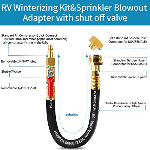 RV Camper Winterizing Kit, 16 Inches Sprinkler Winterization Kit with Shut Off Valve, RV Water Blowout Adapter Air Compressor Quick Connect kit for Winterize RV Motorhome, Boat, Camper, Travel Trailer