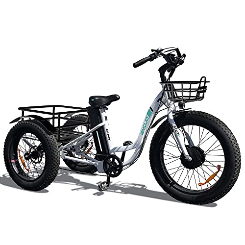 Emojo Electric Tricycle/Fat Tire Caddy Pro Trike, 500W 48V Hybrid Bicycle with Aluminum Alloy Frame, Oversize Rear Cargo and Front Basket for Heavy-Duty Carrying or Delivery (Caddy)