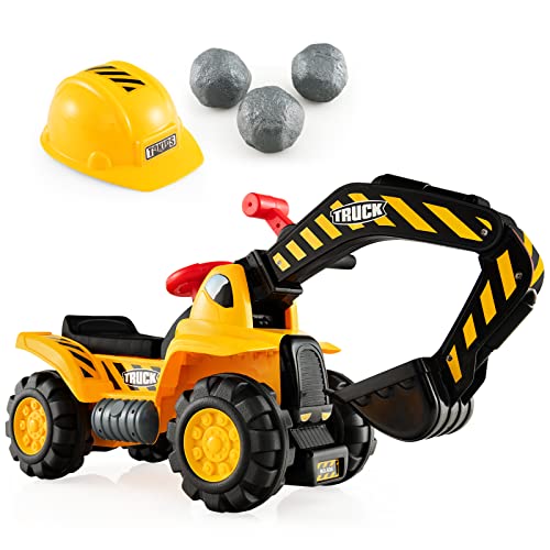 Costzon Kids Ride On Construction Excavator, Outdoor Digger Scooper Tractor Toy W/Safety Helmet, Rocks, Horn, Underneath Storage, Moving Forward/Backward, Pretend Play Ride On Truck (Excavator)