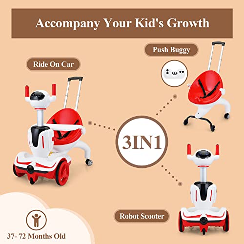 TOBBI 3-in-1 Electric Ride On Car for Kids, Toddlers’ Robot Buggy Toy with Remote Control/Speed Adjustment/Emergency Stop, 3 Functions of Electric Car/Robot Scooter/Push Buggy-Red White