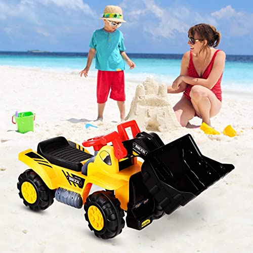 CHEFJOY Ride On Bulldozer Truck for Kids, Excavator Digger Construction Vehicles, Pretend Play Sliding Tractor, w/ Multiple Sounds, Push Bucket, Low Seat, Anti-Skid Tires, Front Loader Ride-On Large