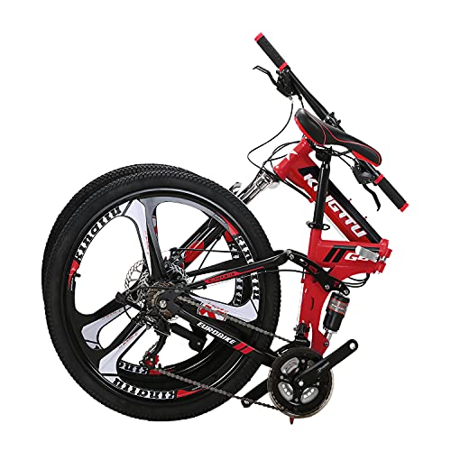 YH-G6 Folding Bike for Adults 26 Inch Wheels 21 Speed Full Suspension Dual Disc Brakes Mountain Bikes Foldable Frame Bicycle (3-Spoke Red)