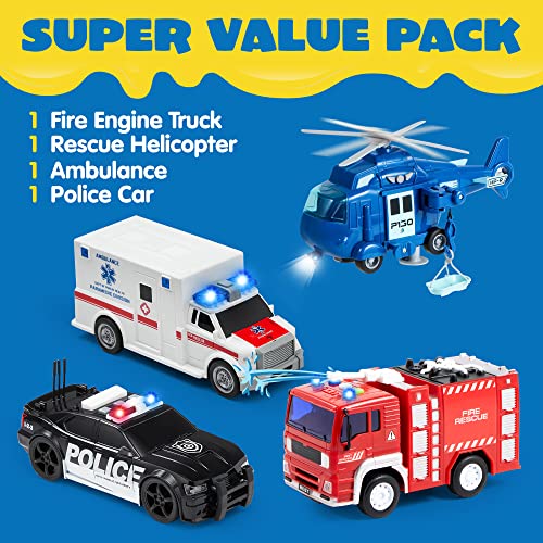 JOYIN 4 Packs Emergency Vehicle Toy Playsets, Friction Powered Vehicles with Light and Sound, Including Fire Truck, Ambulance Toy, Play Police Car and Toy Helicopter, Best Toddler Kids Boys Gifts