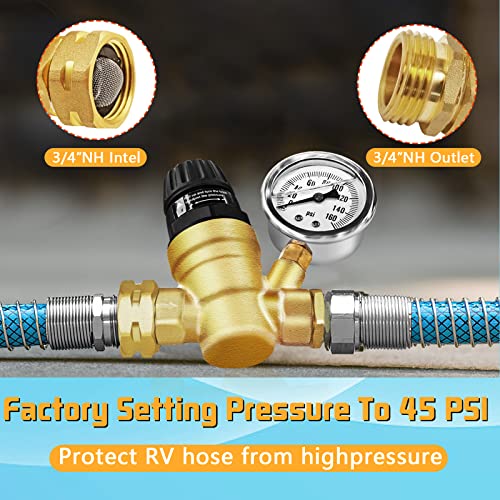 Boltigen RV Water Pressure Regulator with Gauge, 3/4'' GHT Lead-Free Brass Fresh Water Hose Pressure Reducer Valve, Adjustable Water Pressure Regulator for RV Camper