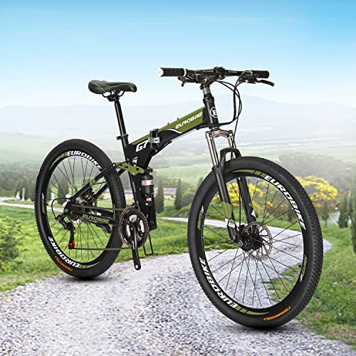 Eurobike Bikes G7 21 Speed Folding Mountain Bike 27.5 Inches Regular Spoke Wheels Dual Suspension Bicycle ArmyGreen
