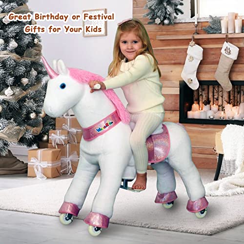 WondeRides Ride on Unicorn Toy Rocking Horse Pink Unicorn, 30.1 inch Height Size 3 for 3 to 5 Years Old, Ride on Horse Plush Walking Animal Mechanical Riding Pony with Wheels, No Battery Electricity