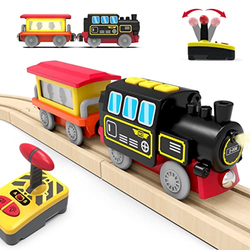 Motorized Train for Wooden Track, Remote Control Train with Magnetic Connection, Battery Operated Locomotive Train for Toddlers, Compatible with Thomas, Brio, Chuggington