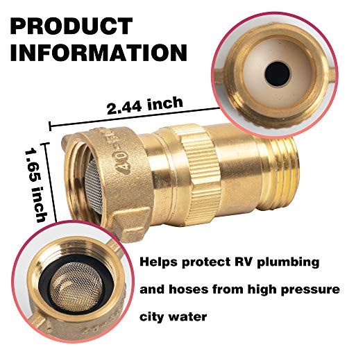 Hourleey Brass RV Water Pressure Regulator, Lead Free, Water Regulator for RV Camper with Filter Screen, Protector for Campers, Travel Trailers, RV Plumbing System, 40-50 PSI