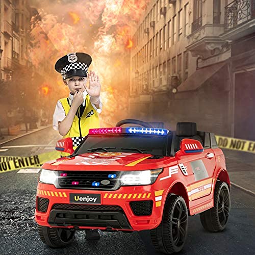 Uenjoy 12V Kids Fire Fighter Ride On Car SUV Battery Operated Electric Cars w/ 2.4G Remote Control, LED Siren Flashing Light, Music& Horn Intercom, Bumper Guard, Openable Doors, AUX, USB Port, Red
