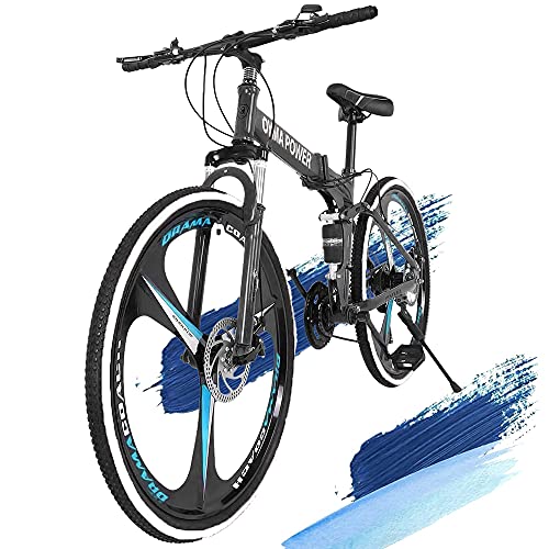 AT-X 26-inch Folding Mountain Bike, 21-Speeds Adult Adjustable Gear Mountain-Bicycles, High Carbon Steel Frame Full Suspension Options Outdoor Bikes for Men Women Boys Girls (Classical Blue)