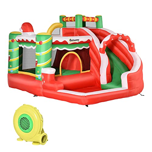 Outsunny 4-in-1 Kids Inflatable Bounce House Christmas Jumping Castle with Christmas Tree Pattern, Includes Trampoline, Pool, Slide, Climbing Wall with Carry Bag, Repair Patches and Air Blower