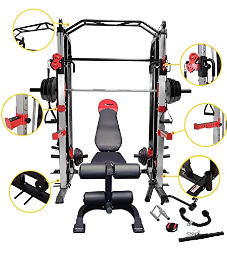 MiM USA Full Gym Set of Functional Trainer Smith Machine Power Cage & Adjustable Weight Bench W/Leg Extension All in One Gym Machine Total Body Training System Strength Master 1001