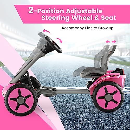 Costzon Ride on Car, 12V Go Kart for Kids with Adjustable Steering Wheels & Seat, Flashing LED Lights, Folding Design, Battery Powered Ride On Pedal Car Toy for Boys & Girls (Pink)