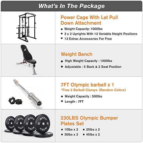 RitFit Garage & Home Gym Package Includes Optional 1000LBS Power Cage with LAT Pull Down,Weight Bench, Barbell Set with Olympic Barbell (Package 1.5K (Rubber Plate 230LBS))-Black