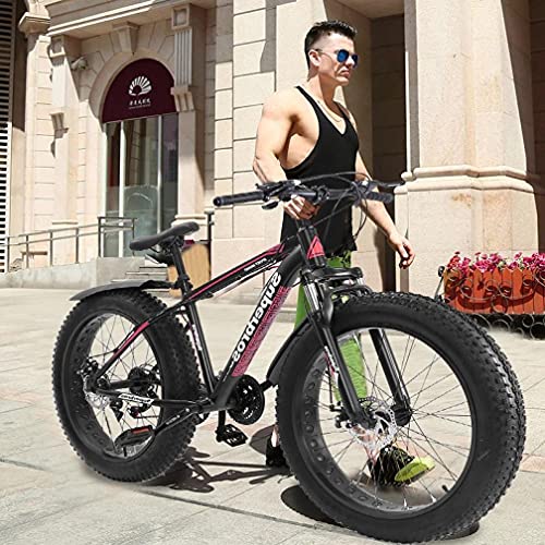 Fat Tire Mountain Bike for Men and Women, 26-Inch Wheels, 7-Speed, 4-Inch Wide Tires, Front and Rear Disc Brakes, Full Suspension Cruiser Outroad Bycicles MTB for Adult Teens Kids Youth (Black-RED)