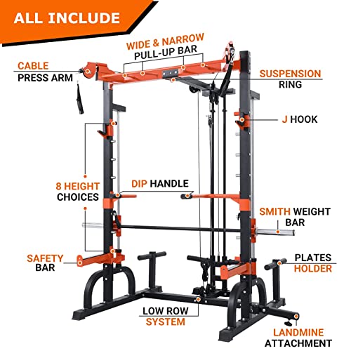 Mikolo Smith Machine Cage, Power Cage Rack with Cable System and Weight Bar, Total Body Training Equipment for Home Gym