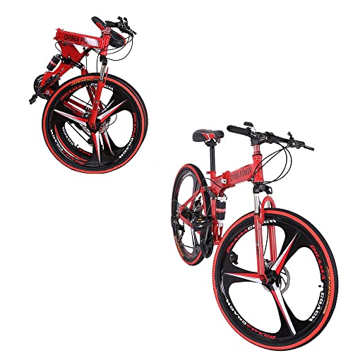 26 Inch Folding Mountain Bike with 21 Speed 3 Spoke Wheels Dual Suspension MTB Bicycle (Red)
