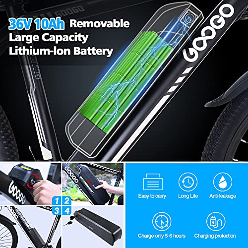 Electric Bike,Googo 26" Electric Mountain Bike with 350W Motor,Removable 36V Battery,Professional 21 Speed Gears,Middle 5 Speed LCD Display with USB,3 Working Modes,20MPH Electric Bike for Adults