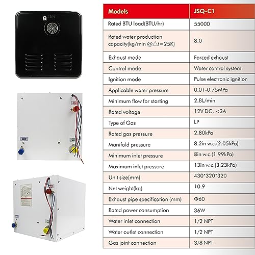 RV Tankless Water Heater,2.2 GPM,55,000 BTU, Max2.8 GPM, 12V Power,Built-in Pressure Relief Valve, Instant Hot, Hot Water Heaters with White Door and Remote Controller,Best for All RVers(Black)