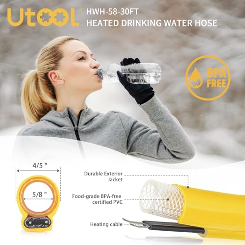 UTOOL 30 FT Heated Drinking Water Hose for RV, 5/8" Inner Diameter, Withstand Down to -45℉/-43°C, with Versatile 90 Degree Adapters BPA Free, Freeze Protection for Garden, Truck, Yellow