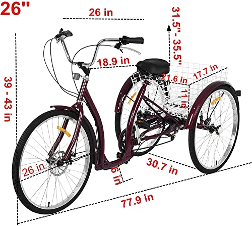 26 inch Adult Tricycles 6 Speed, Adult Trikes 3 Wheel Bikes, Three-Wheeled Bicycles Cruise Trike with Shopping Basket for Seniors, Women, Men. (001-Wine)