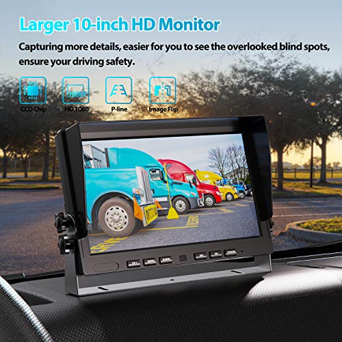 Fookoo Ⅱ 10" 1080P Wired Backup Camera System,10-inch HD Dual Split Screen Monitor with Recording IP69 Waterproof Rear View Camera Parking Lines Supports Up to 2 Cameras for Truck/Trailer/RV(DY101)