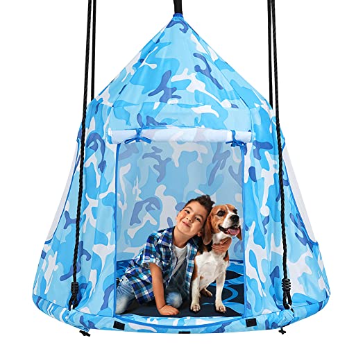 2 in 1 Hanging Tree Swing Tent, Flying Saucer Tree Swing for Boys/Girls, Tree Straps Included, Outdoor Indoor Bedroom Use for Children (Blue Camo)