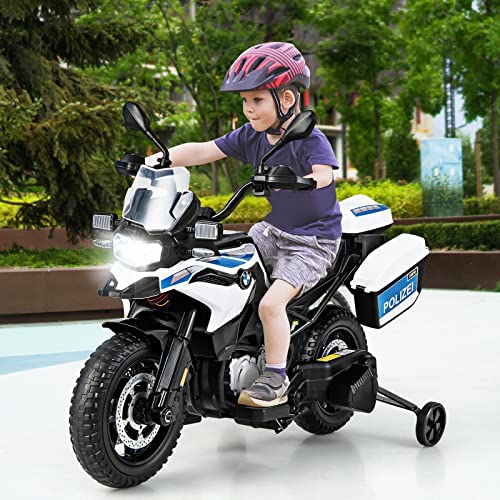 INFANS Kids Motorcycle, 12V Licensed BMW Electric Ride On Police Dirt Bike with Training Wheels, Battery Powered Off-Road Motorbike Toy with Warning Lights, Spring Suspension, Music, USB, MP3