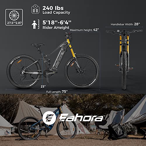 Eahora Electric Bike for Adults 500W BAFANG Mid Motor ACE 48V 16Ah Removable Larger Battery 27.5" Electric Bicycle 28MPH Mountain Snow Beach EBike Shimano 9-Speed Full Suspension E-Bike UL Certified