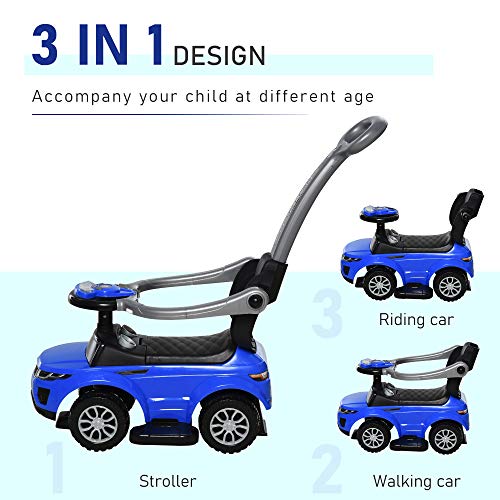 Aosom 3 in 1 Push Cars for Toddlers Kid Ride on Push Car Stroller Sliding Walking Car with Horn Music Light Function Secure Bar Ride on Toy for Boy Girl 1-3 Years Old Blue