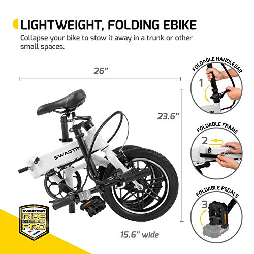 Swagtron Swagcycle EB-5 Lightweight Aluminum Folding Electric Bike with Pedals, White, 58cm/Medium