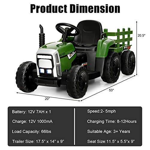 Costzon Ride on Tractor w/Trailer, 12V Battery Powered Electric Vehicle Toy w/Remote Control, 3-Gear-Shift Ground Loader, Treaded Tires, USB, LED Lights, Audio, Safety Belt, Kids Ride on Car