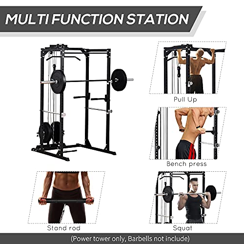 Soozier Multi-Function Power Cage, Health & Fitness Weightlifting Squat Rack, Optional Exercise Workout Station w/Pull-Down Pulley System for Home Gym