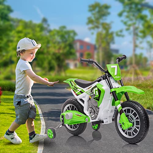 AOKOY Electric Dirt Bike for Kids 12V Battery Powered Electric Motorcycle for Kids Ride On Toy Rechargeable Electric Motorbike with Training Wheels 2 Speeds Music Shock Absorber, Green