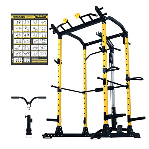 ToughFit Squat Rack Power Cage with Smith Machine - 1000 lbs Weight Cage with LAT Pull-Down Pulley System for Body Training Garage & Home Gym Equipment (Only Power cage)