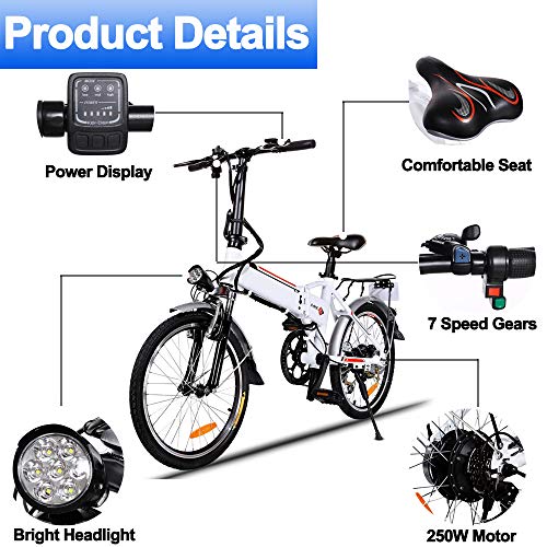 20 inch Electric Bike for Adults Folding Electric Bicycle with 36V 8Ah Lithium-Ion Battery 7 Speed Gears 250W E-Bike (White)