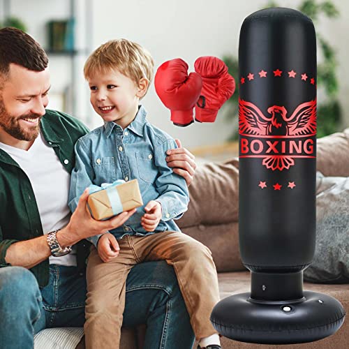 Inflatable Punching Bag for Kids 63 inch Freestanding Boxing Punching Bag for Kids with Gloves, Punching Bag with Stand Adult Bounce Back Boxing Bag for Practicing Karate, Taekwondo, MMA (Red Gloves)