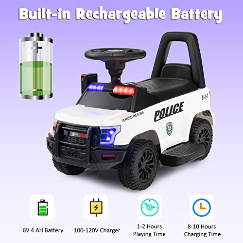 HONEY JOY Electric Ride on Push Car, 6V Foot-to-Floor Cop Push Cars for Toddlers, Megaphone, Lights, Siren, Under Seat Storage, Battery Powered Ride On Police Car for Kids Boys Girls 1-3, White