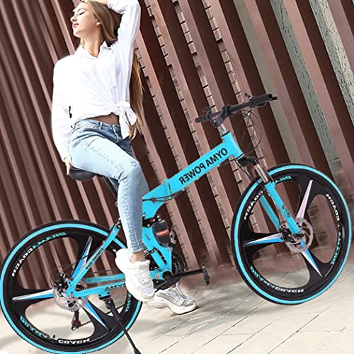 26 Inch Folding Mountain Bike with 21 Speed 3 Spoke Wheels Dual Suspension MTB Bicycle (Blue)