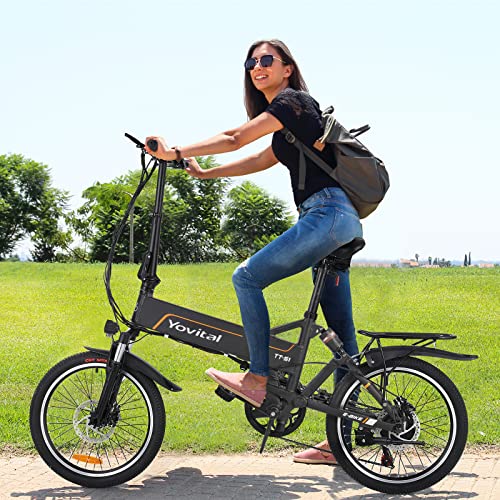 Folding Electric Bike, Yovital 20" Electric Bikes for Adults with Removable Battery 36v/10ah, 350W Aluminum Foldable Electric Bicycle with Pedal Assist & Double Shock-Absorption, Rear 7 Speed Gear