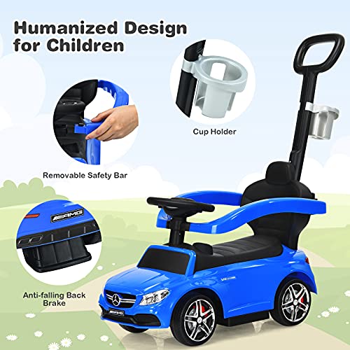 Costzon Push Car for Toddlers, 3 in 1 Mercedes Benz Stroller Sliding Walking Car w/Canopy, Handle, Safety Bar, Cup Holder, Music, Underneath Storage, Foot-to-Floor Ride On Toy for Boys & Girls, Blue