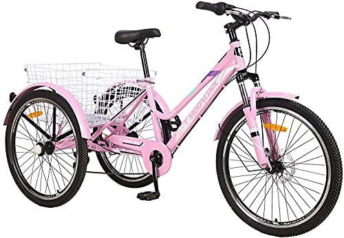 NAIZEA Adult Mountain Tricycle, 7 Speed Three Wheel Cruiser Bike, 24/26/27.5 Inch Adults Trikes with Shopping Basket, Exercise Men's Women's Tricycles, Multiple Colors
