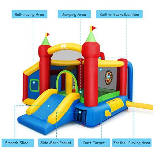 Costzon Inflatable Bounce House, 7-in-1 Kids Bouncy Castle with Slide, Football & 100 Ocean Balls, Basketball Rim, Bounce House for Toddlers Including Carry Bag, Hand Pump, Stakes (Without Blower)