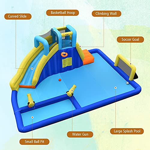 BOUNTECH Inflatable Water Park, 6-in-1 Pool Water Slides for Kids Backyard w/ Curved Slide, Large Splash Water Pool, Soccer Goal, Climbing Wall, All Accessories (Without Air Blower)