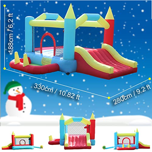 Bouncy Castles with Slide for Children, JOOLOOG Kids Inflatable Bounce House with Ball Pit/Pool and Basketball Hoop, Air Blower, Patch Kits, Stakes, Carrying Bag Included