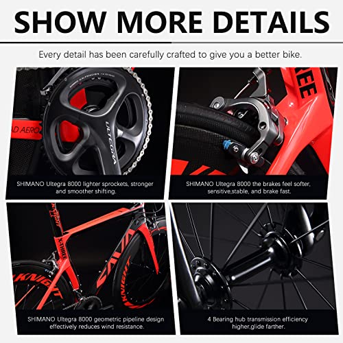 SAVADECK Phantom 2.0 Carbon Fiber Road Bike 700C Racing Bicycle with Ultegra 8000 22 Speed Group Set, 25C Tire and Fizik Saddle (New Red - 78mm Wheels, 540MM)